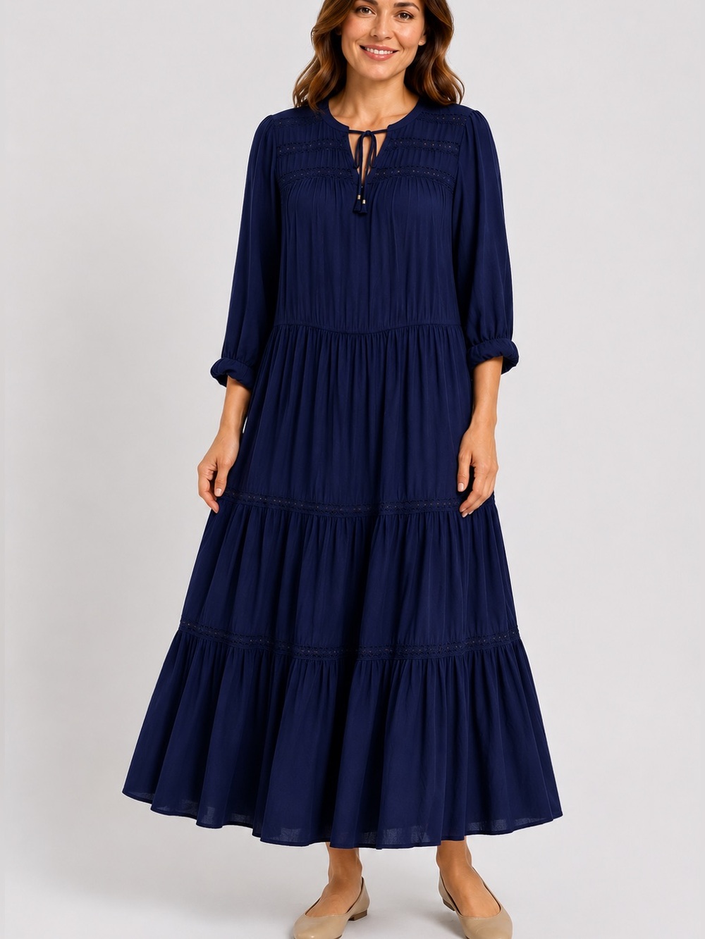 Nurture by Westbound Woman Maxi Dress 1X Blue Boho Peasant Tiered Crochet Boho